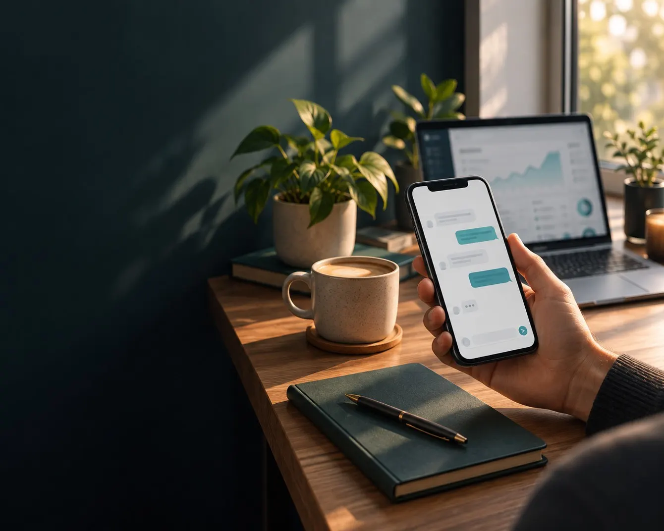 Mão segurando celular com conversa de WhatsApp aberta, laptop com gráfico ao fundo