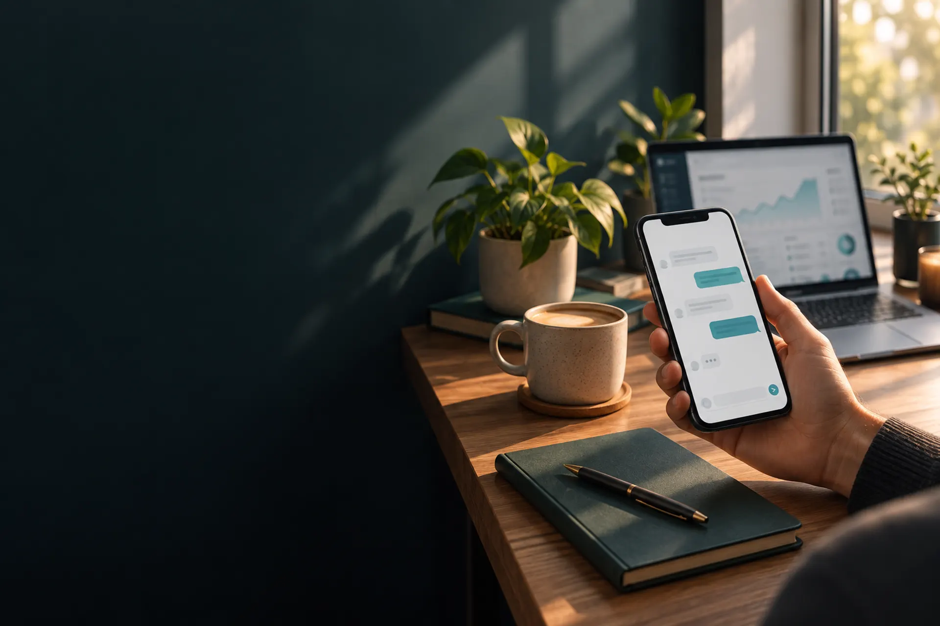 Un móvil con una conversación de WhatsApp junto a un panel de resultados en el escritorio